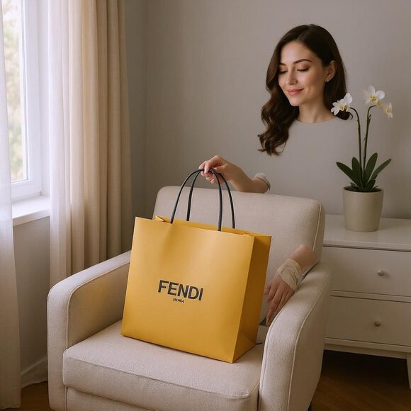 FENDI Roma Yellow Empty Gift Bag 13.75in x 13inx 5.5in with envelope a card - Picture 2 of 3